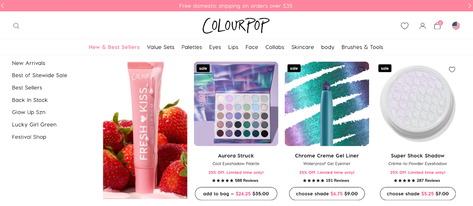 ColourPop website header has a pink promotional bar, centered logo, and navigation menu.