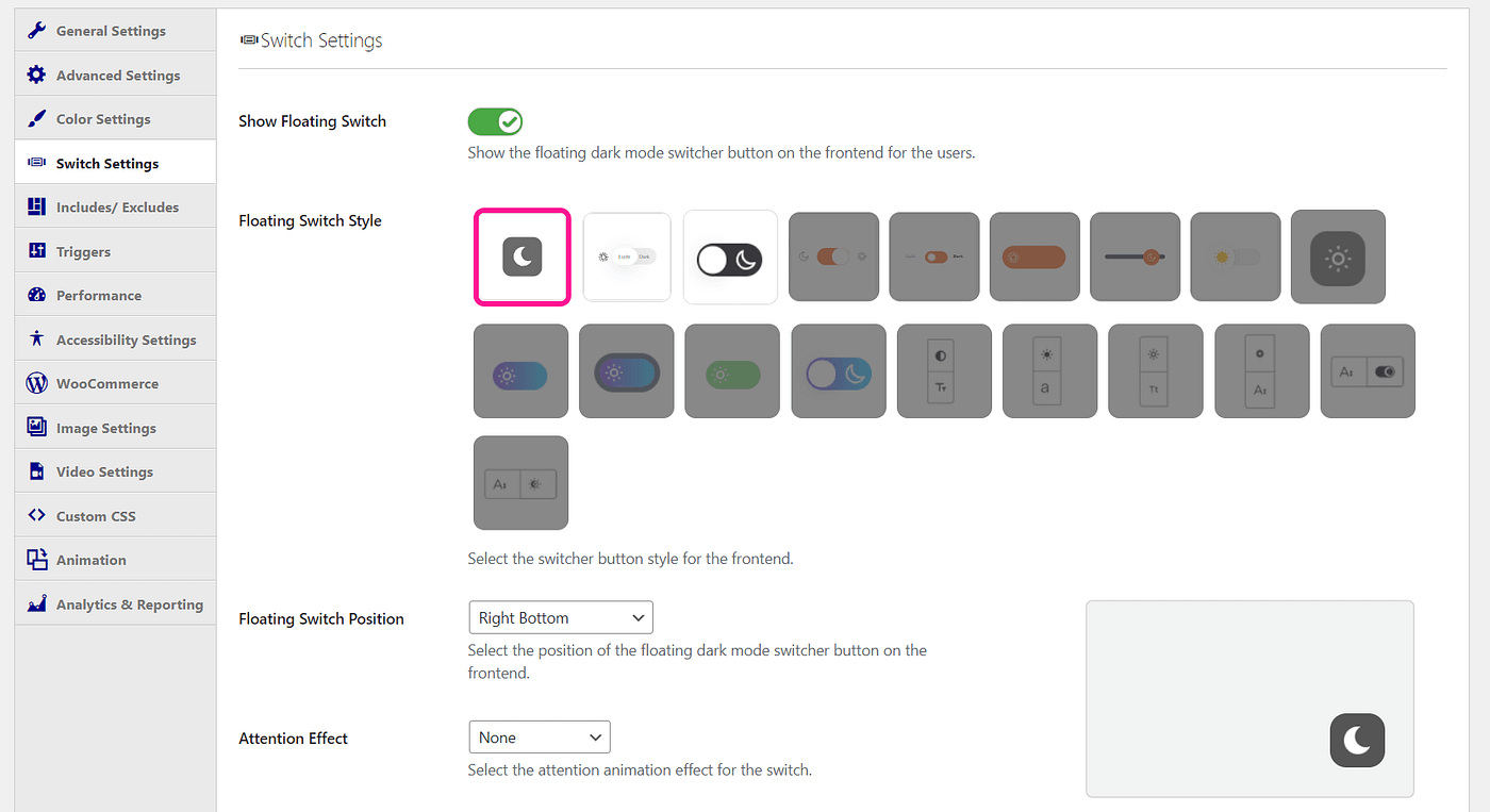 The settings for the WP Dark Mode floating switch feature.