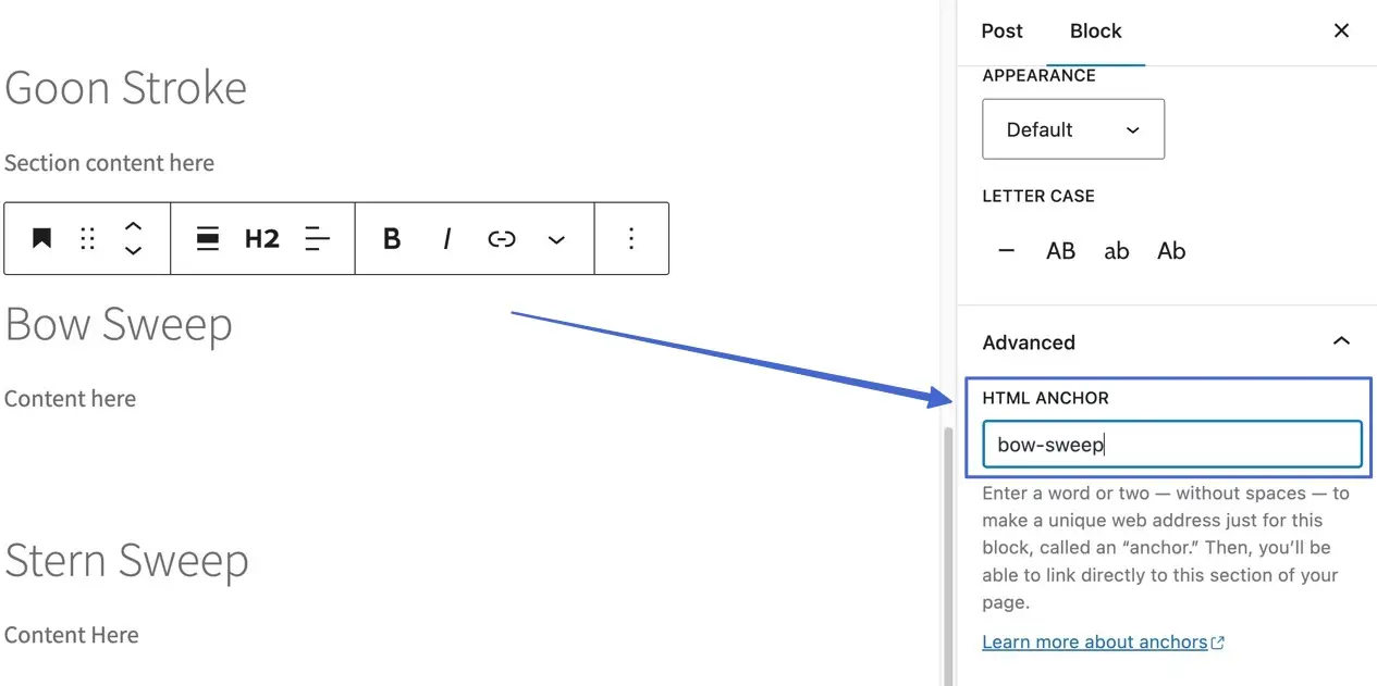 making an HTML anchor link in WordPress 