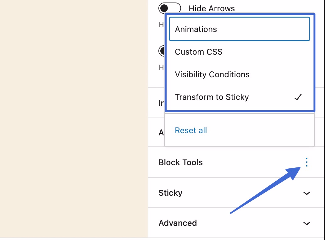 Clicking on the block tools 