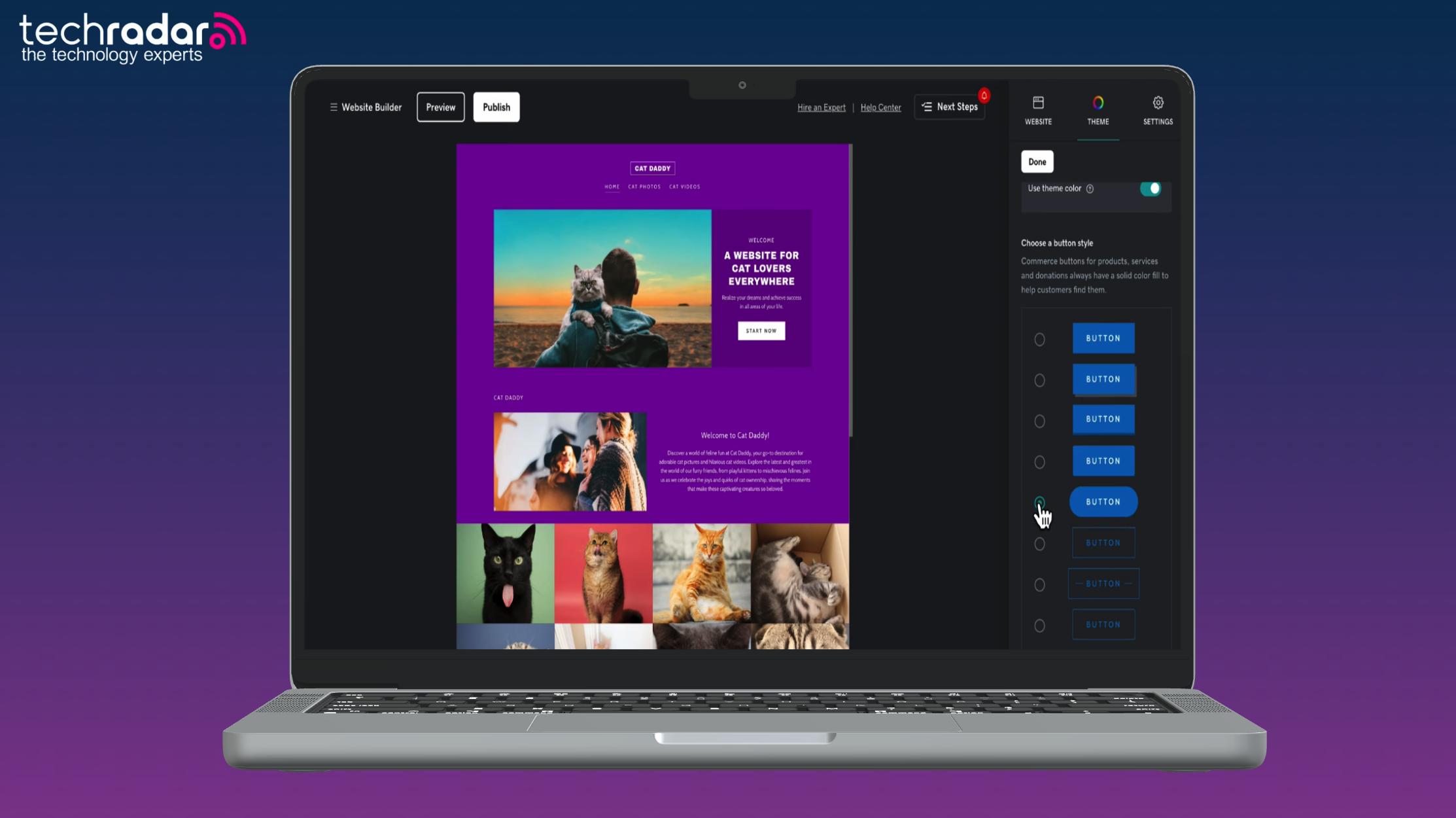An image of a macbook on a purple background, the GoDaddy website builder is being used on mac