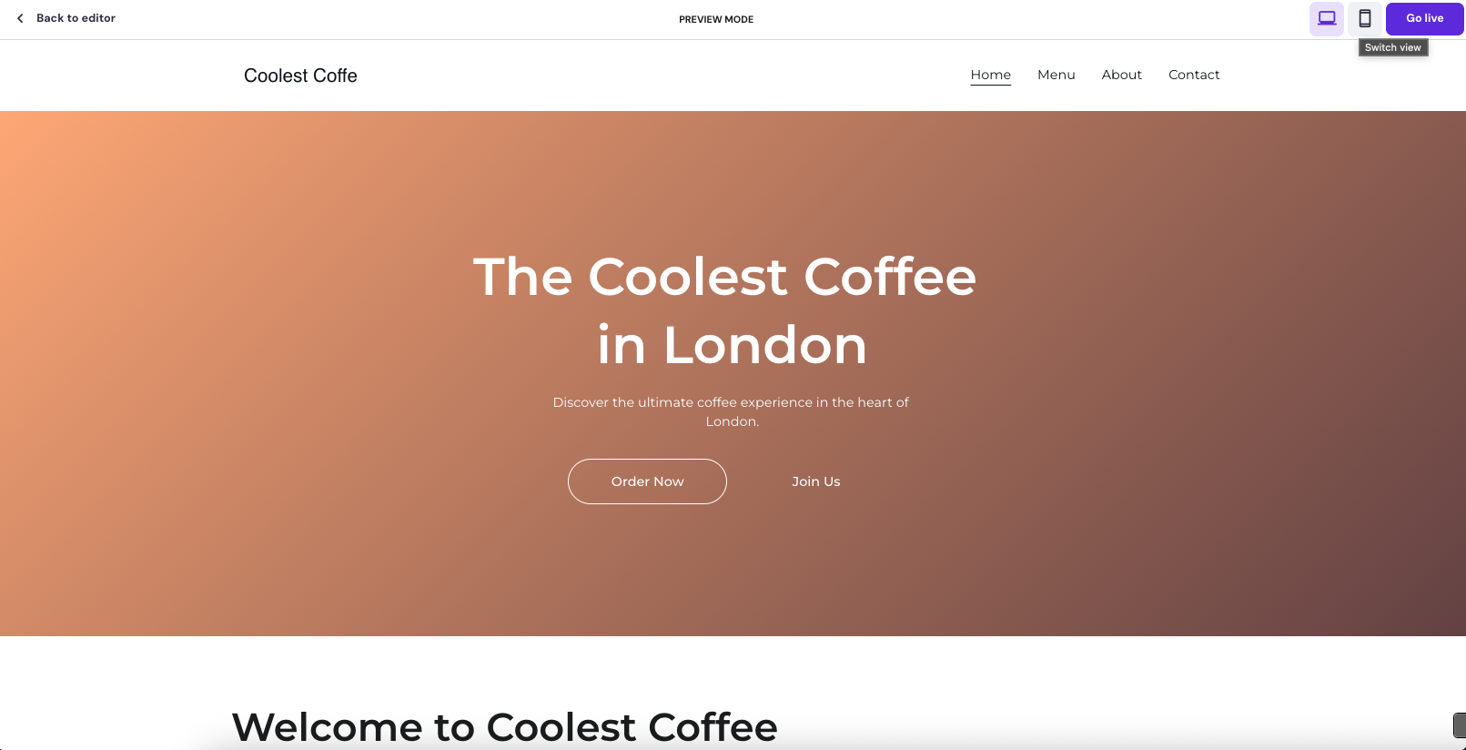 A screenshot of of a website built with Hostinger, it has an orange and brown background with white text on top 