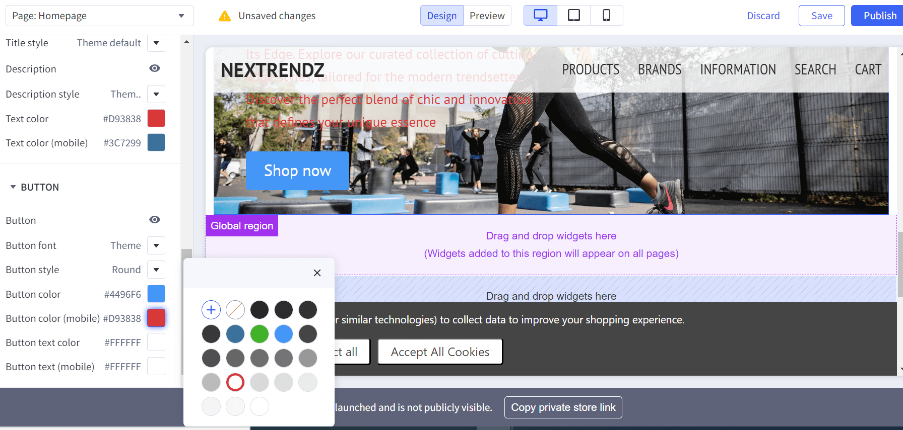 BigCommerce website editor showing different colour options for buttons in the sidebar