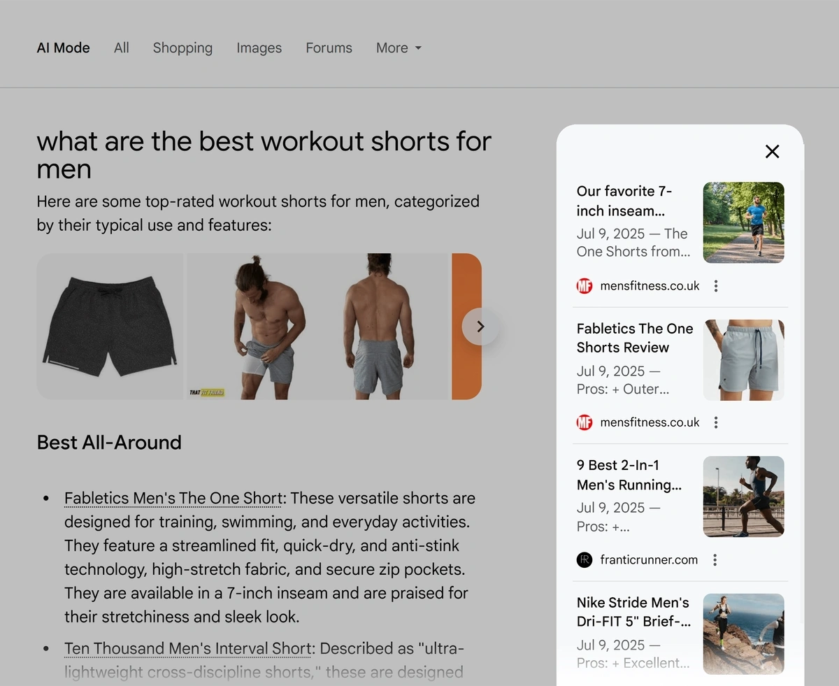 Product review articles appearing in AI Mode for a shopping query