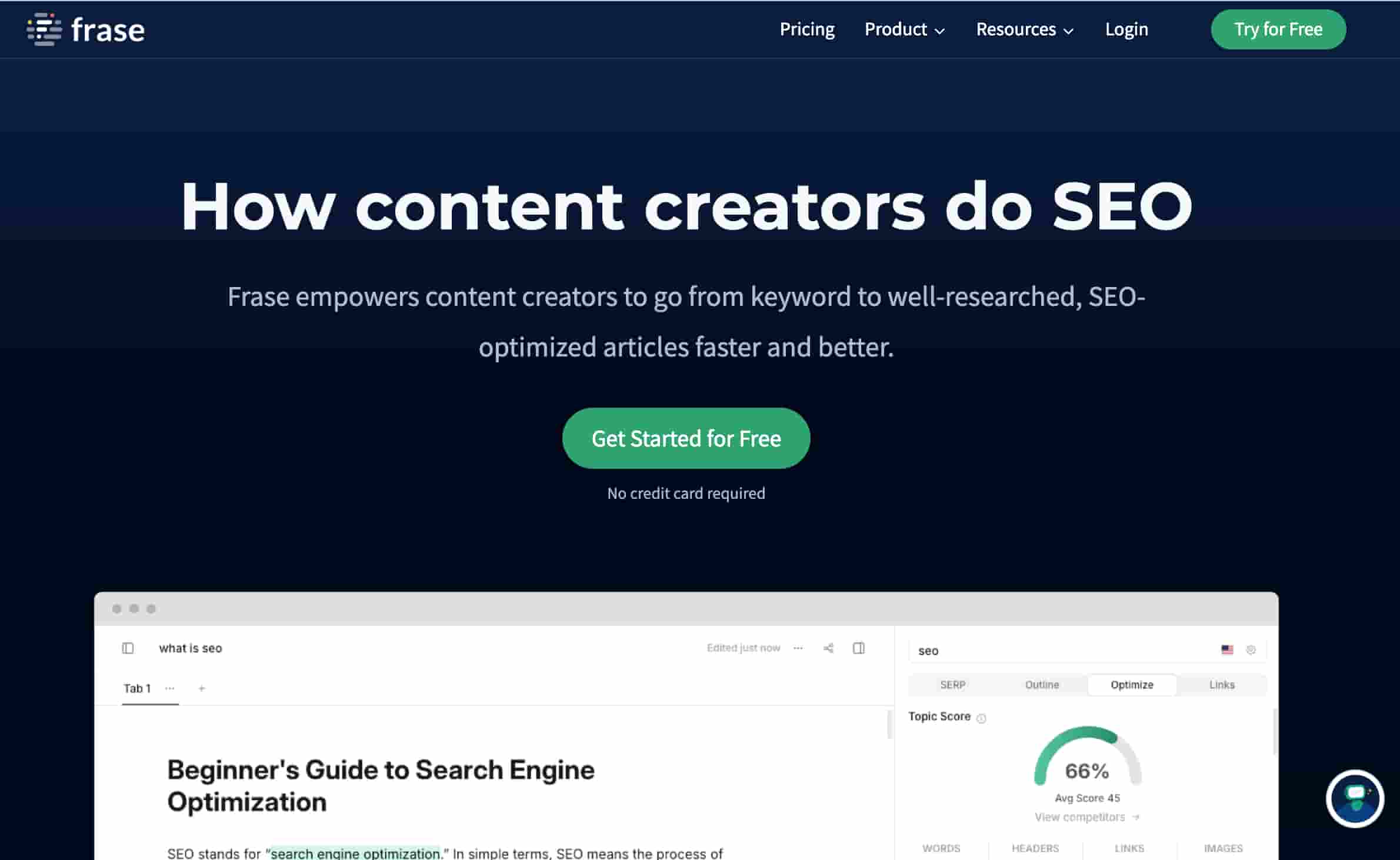 Frase.io webpage showing a menu, product description, interface preview and trial button.