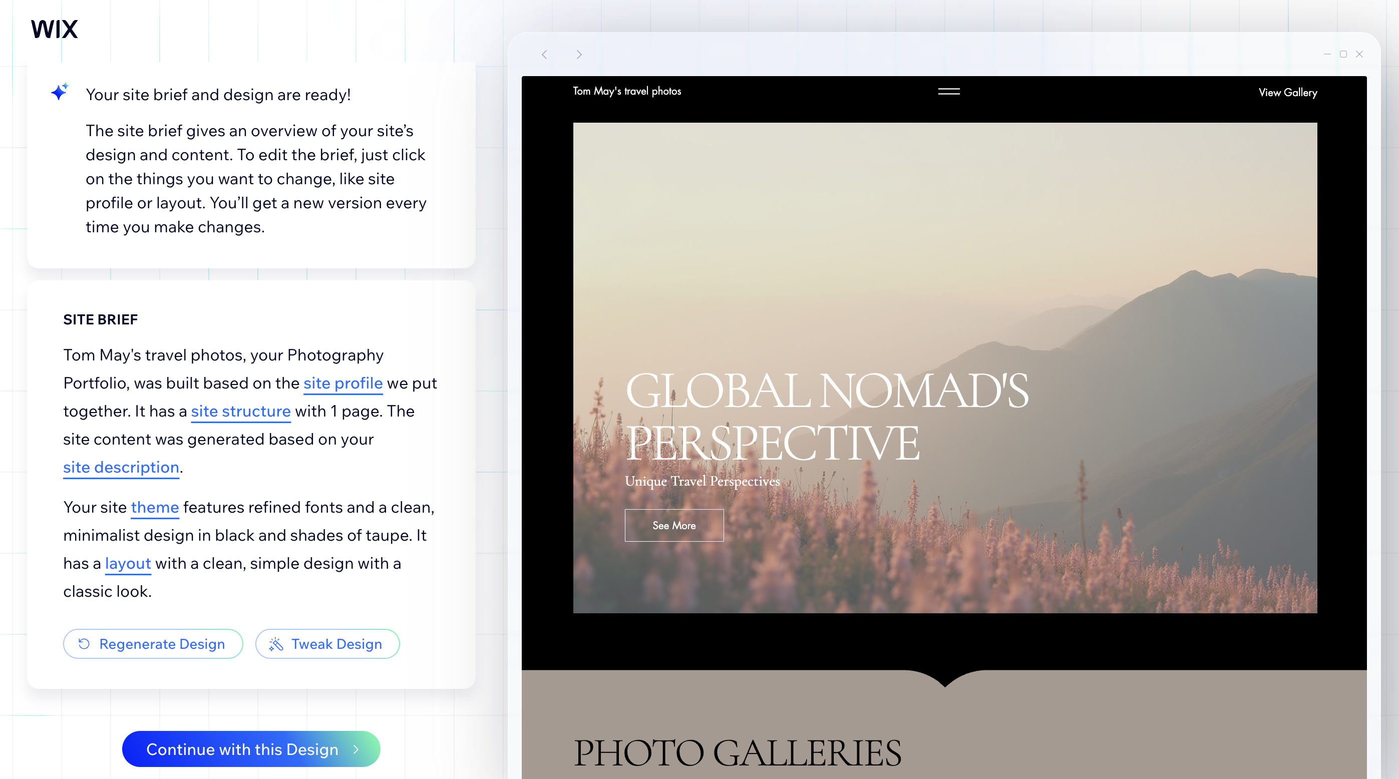Screengrab showing Wix using AI to build a website