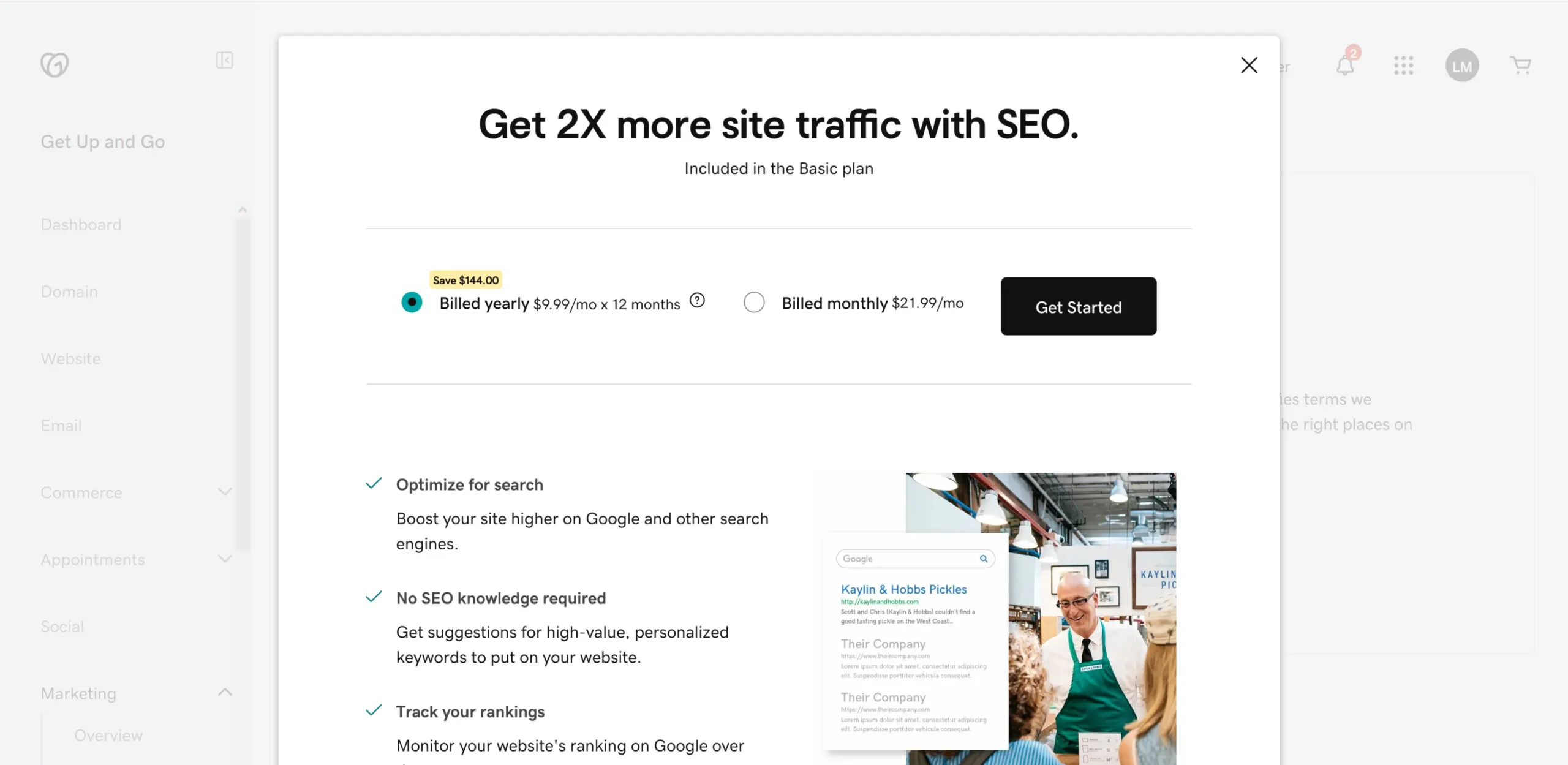 Screenshot of GoDaddy popup for its add-on cost SEO Wizard.