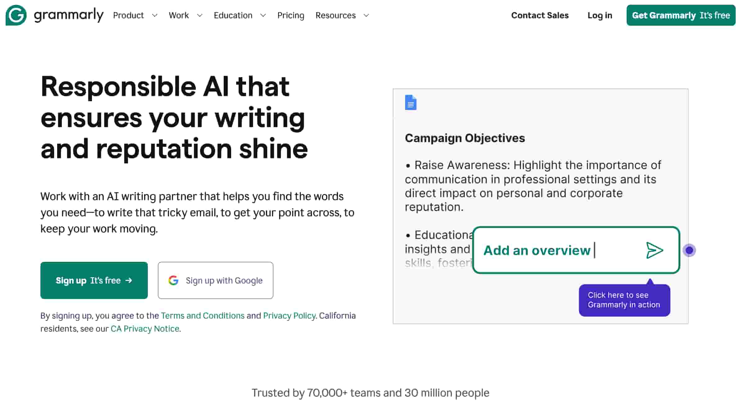 Grammarly webpage showing a menu, product description, interface preview and a trial button.