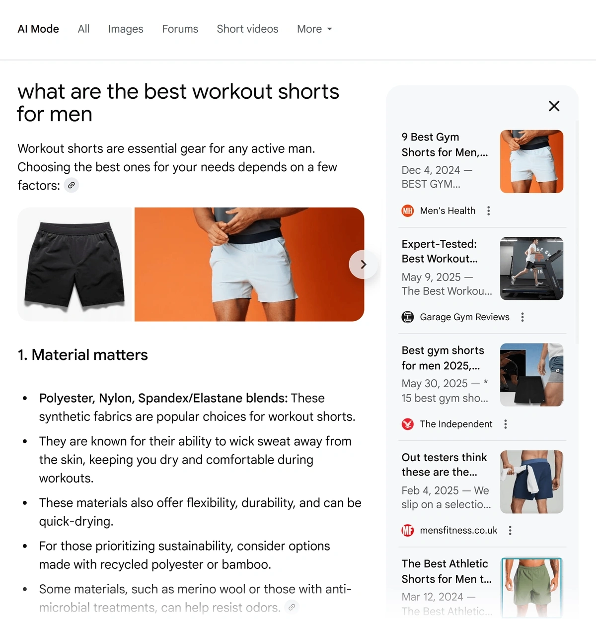 An example of AI Mode response to a shopping query