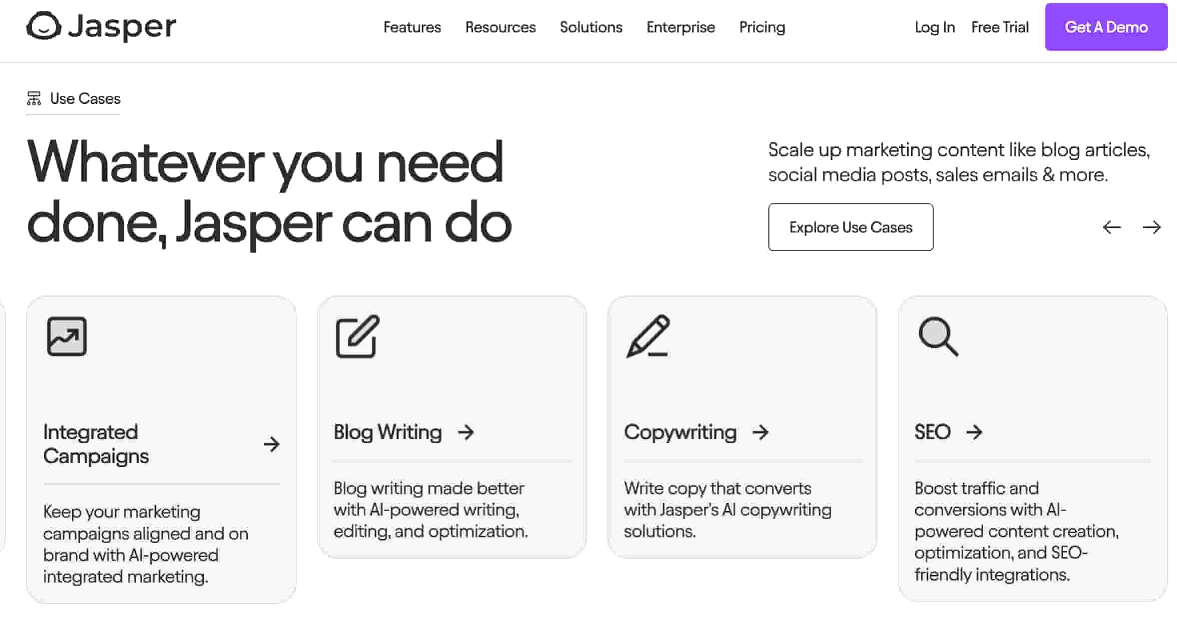 Jasper homepage showing a product feature descriptions, a website menu and a demo button.