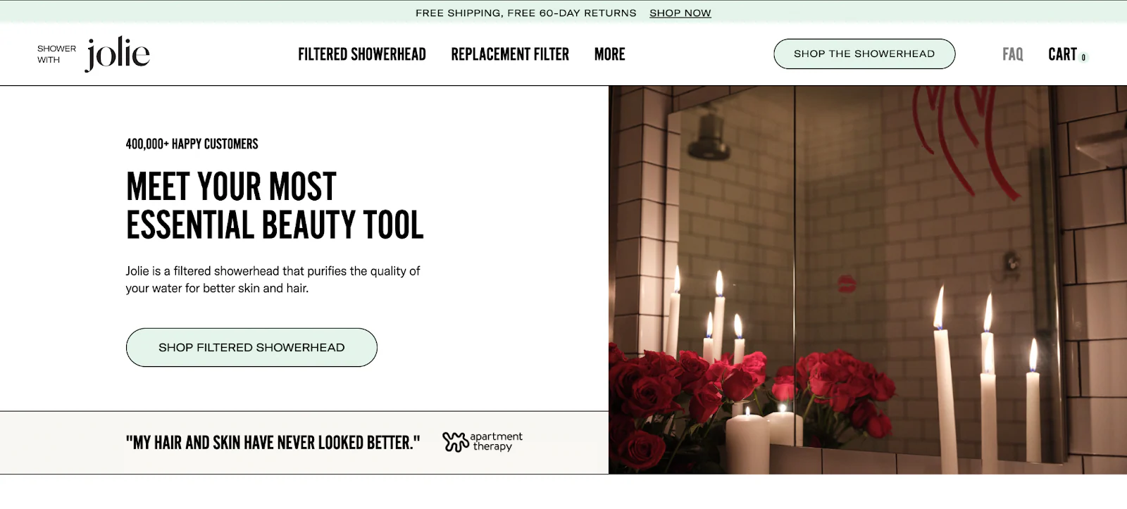 Jolie’s website features its filtered showerhead, with roses and candles creating a spa-like vibe.