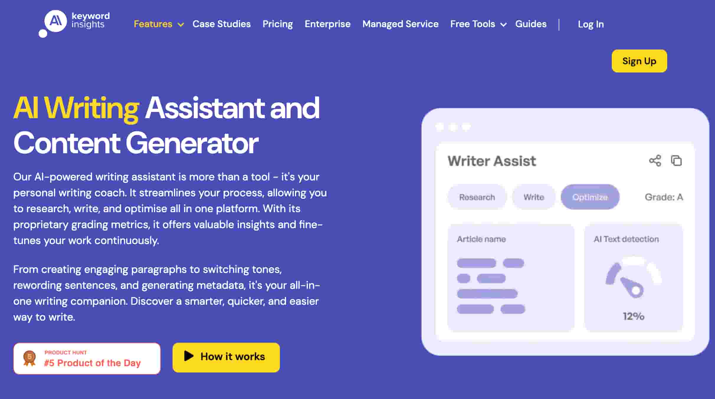 Keyword Insights homepage showing a product description and preview along with demo and sign up buttons.