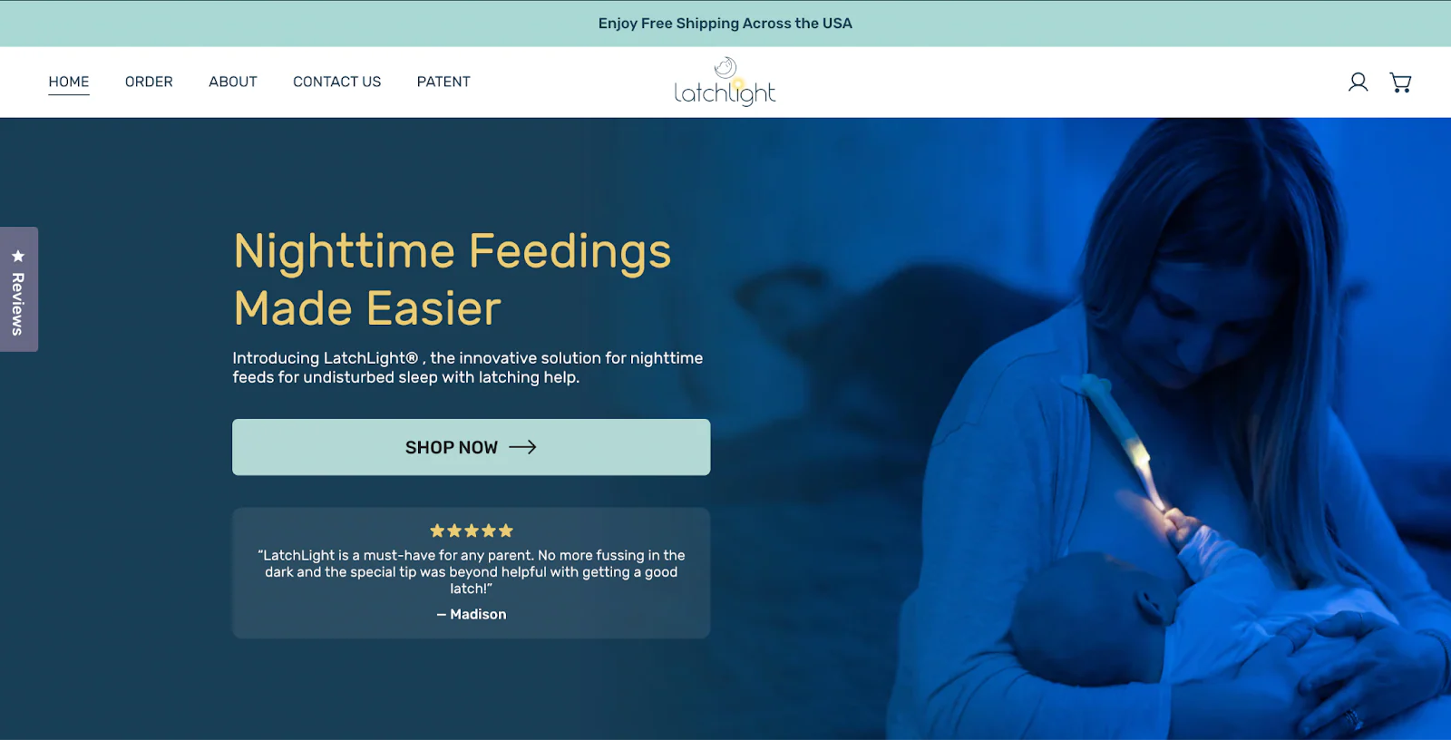 LatchLight’s website shows its nursing light tool being used by a mother feeding her baby at night.