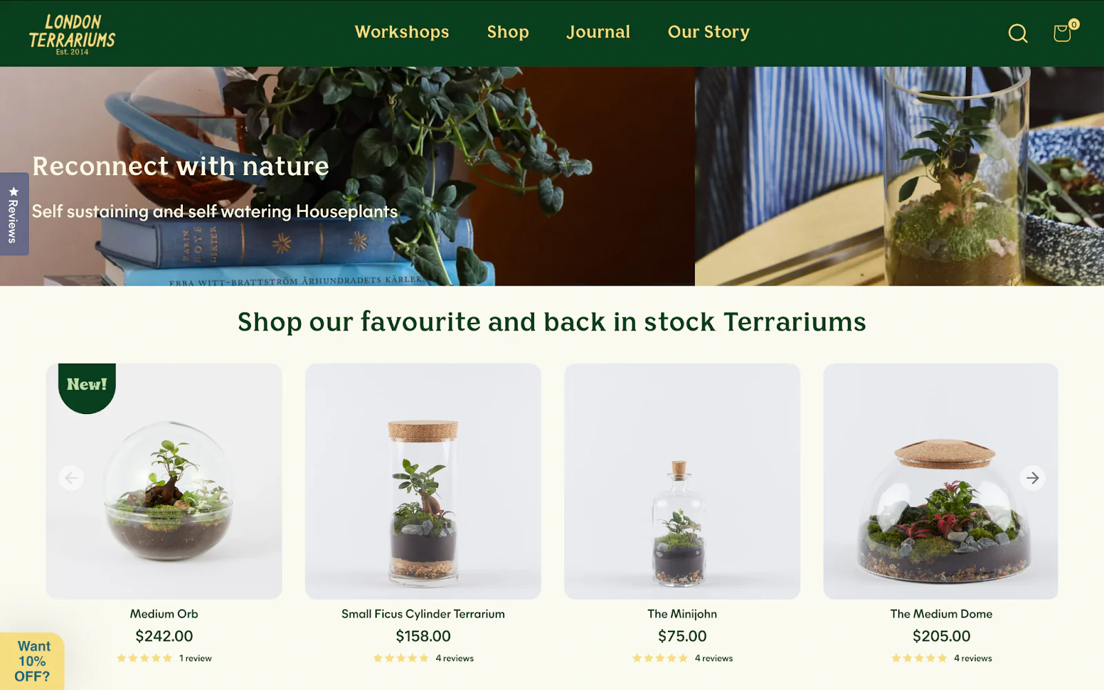 London Terrariums’ website displays its self-sustaining plant ecosystems.