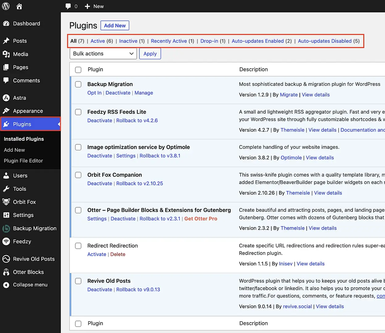 Managing WordPress plugins in the WP-admin area