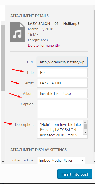WordPress allows you to edit meta-information for audio files