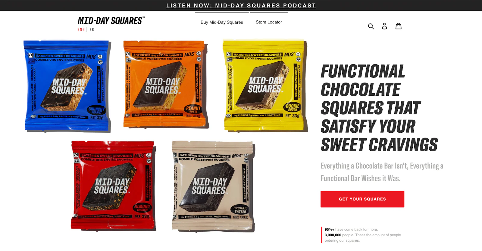 Mid-Day Squares’ website presents its chocolate bars in various flavors with bold packaging.