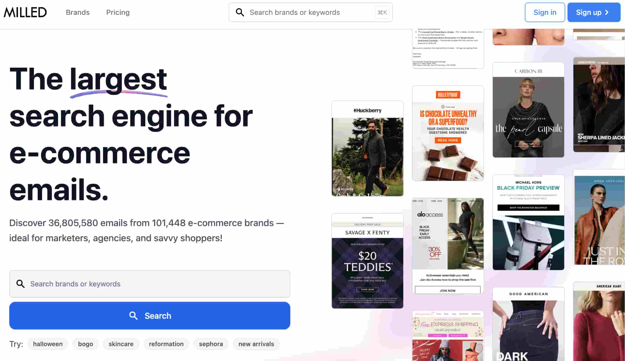 Milled webpage showing a product description, a search bar and images of newsletters.