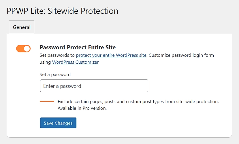 Choosing to password protect entire WordPress site inside the Password Protect WordPress plugin.