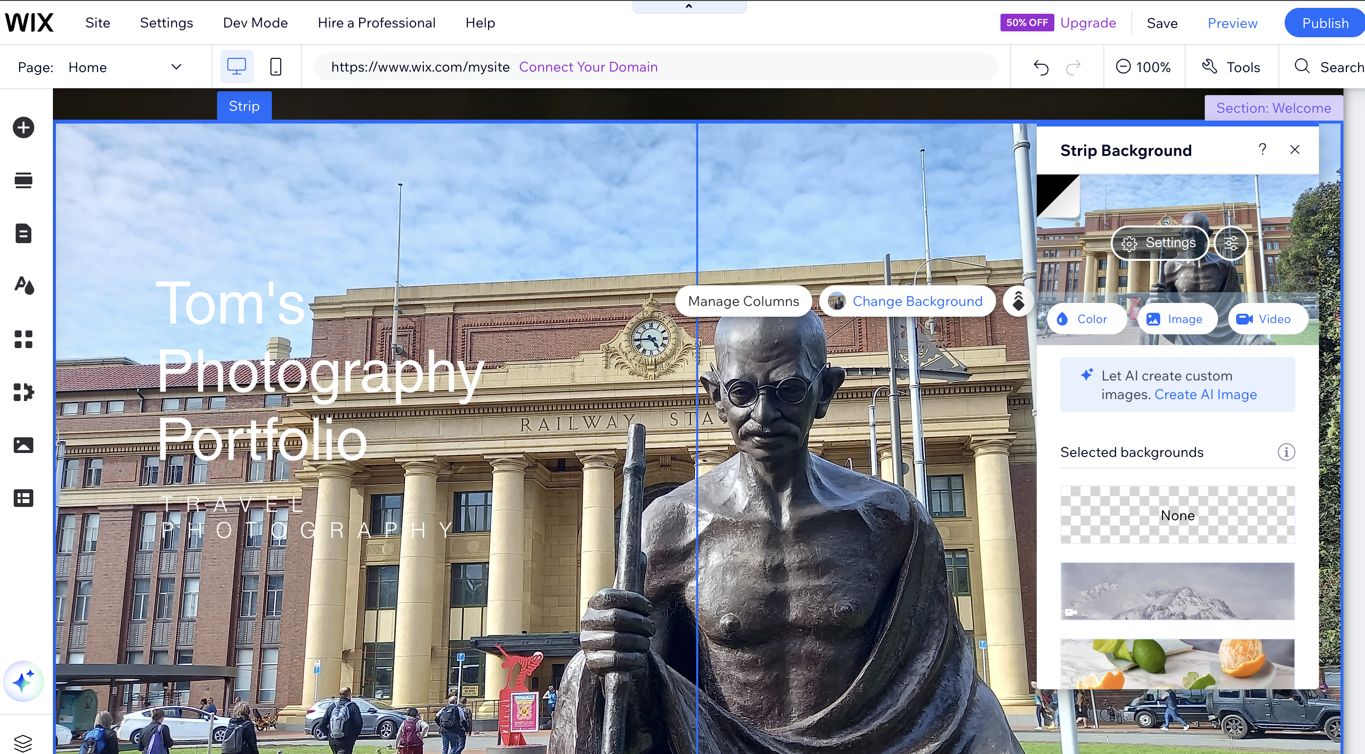 Screengrab showing process of changing background on Wix website