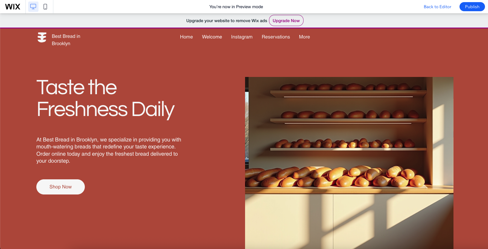 A screenshot of a website built on Wix, it has an orange/brown background with a large image of a bakery 