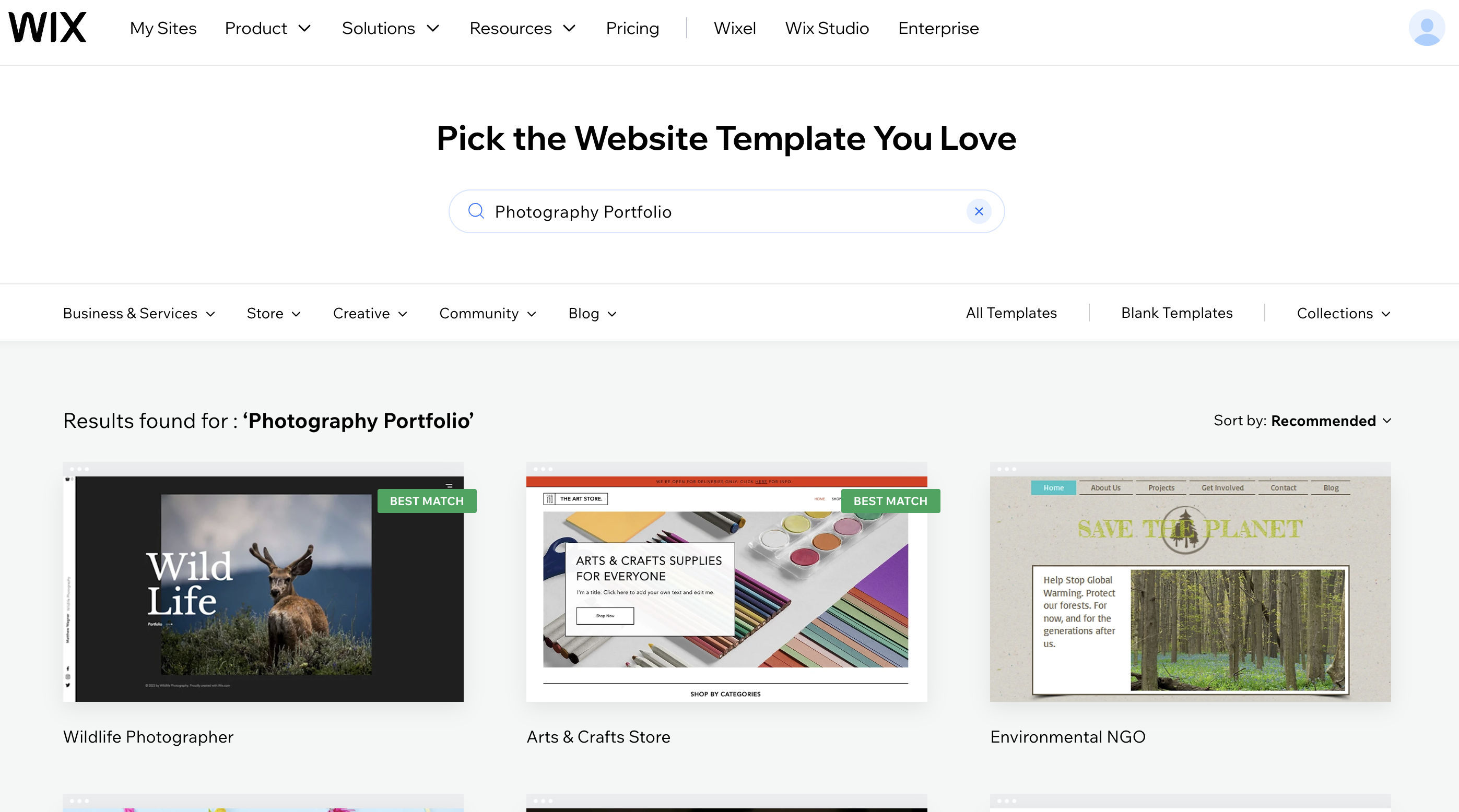Screengrab showing selection of Wix templates