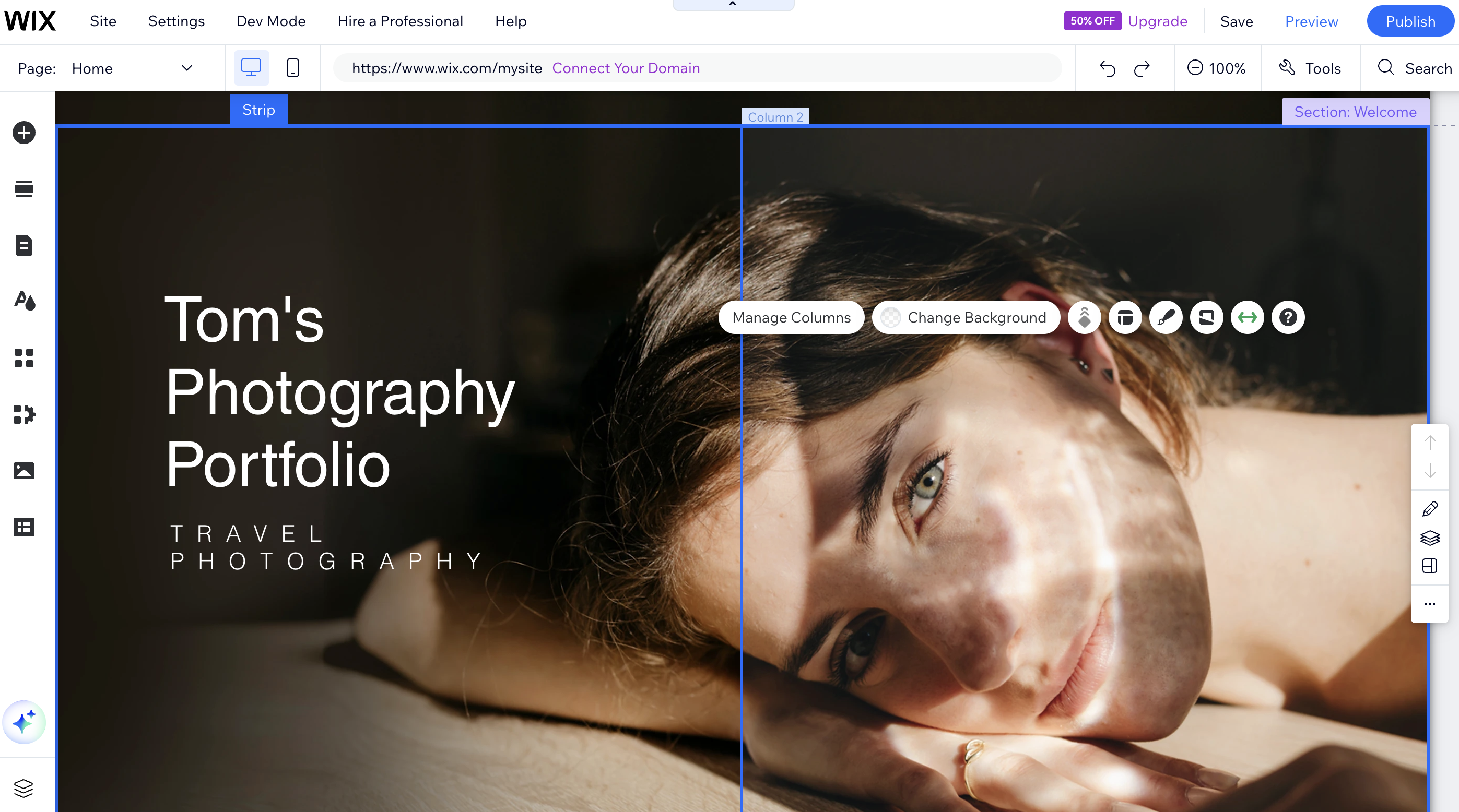 Screengrab showing process of changing background on Wix website