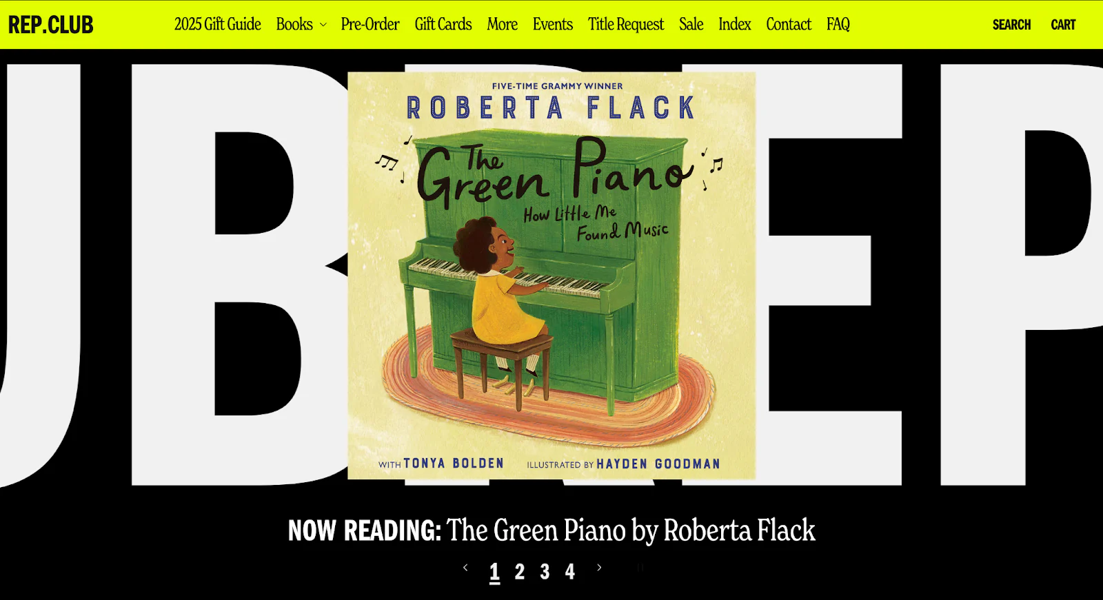 Reparations Club’s bookstore website features Roberta Flack’s children’s book “The Green Piano.”