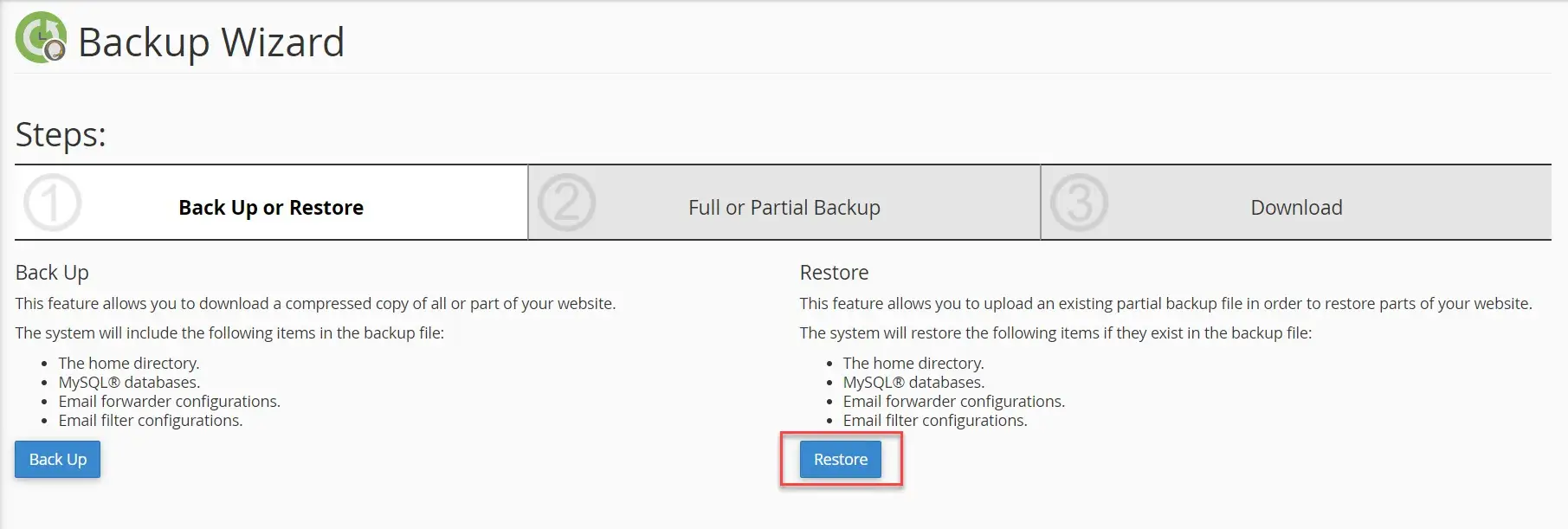 Choose Restore in backup wizard to restore WordPress