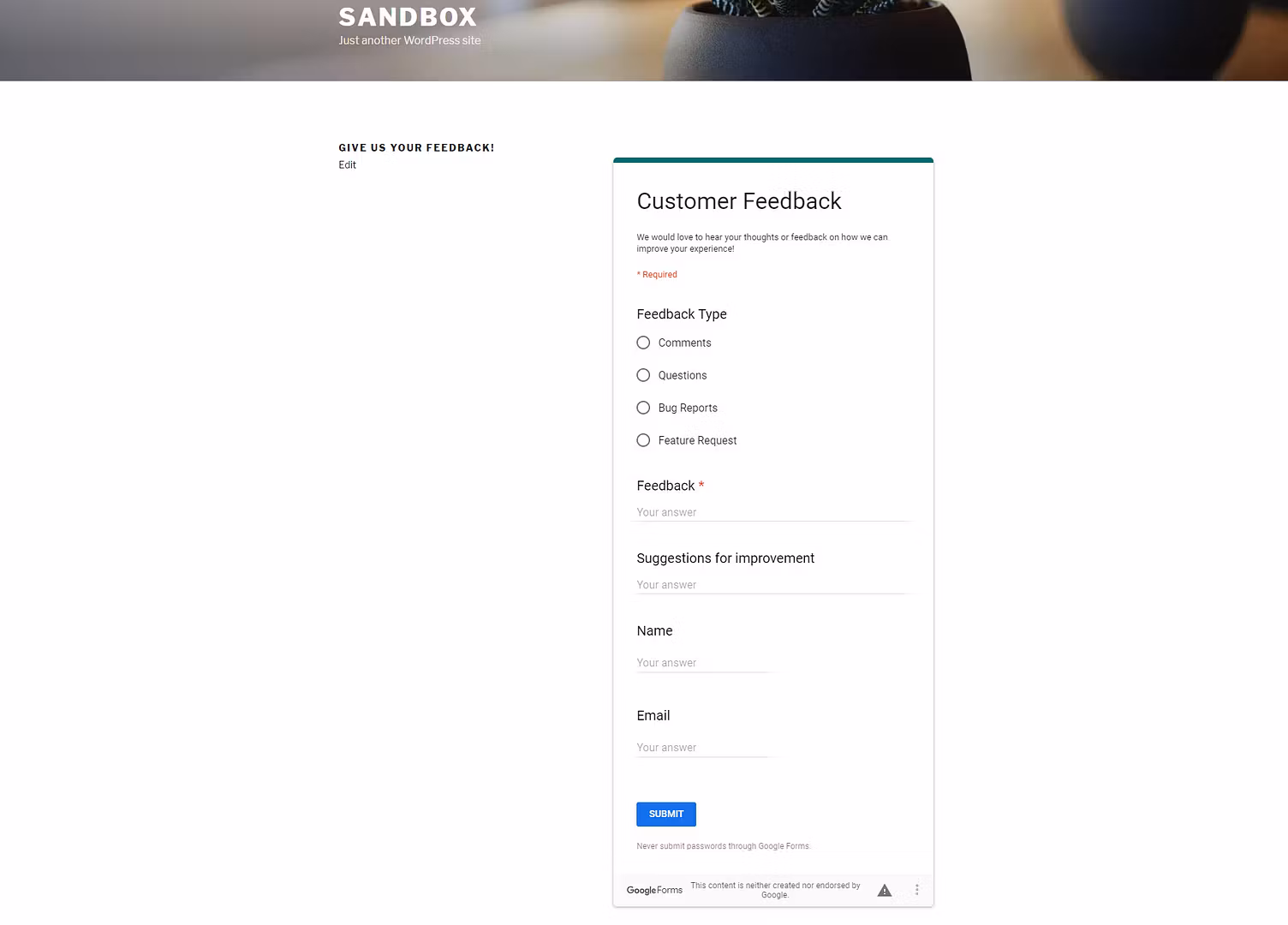 Example of what it looks like to embed Google Form into WordPress