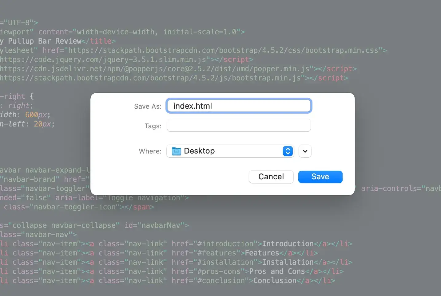 Saving code inside the code editor as index.html.