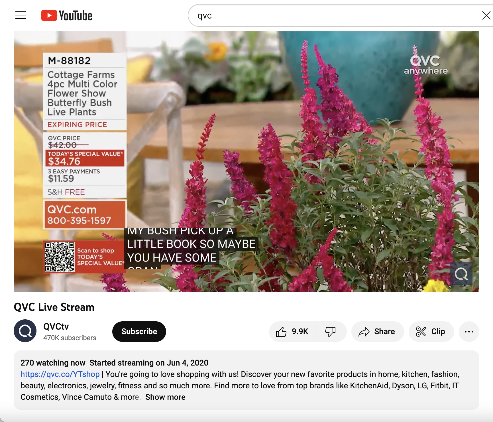 Screen capture of flowers for sale on QVC's YouTube live stream.