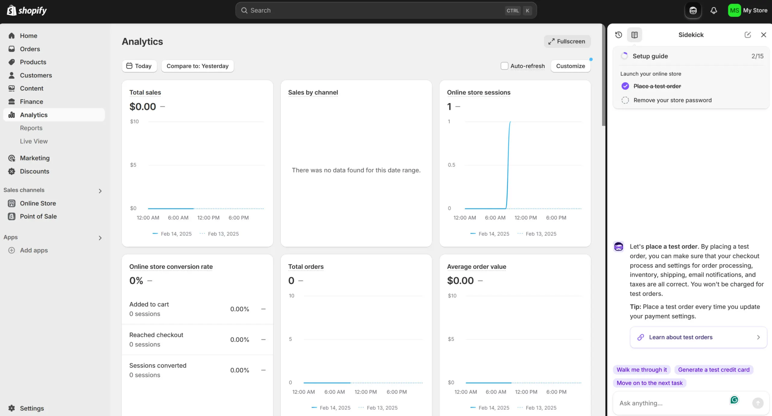 Screenshot of Shopify’s analytics dashboard showing the Sidekick helpbot.