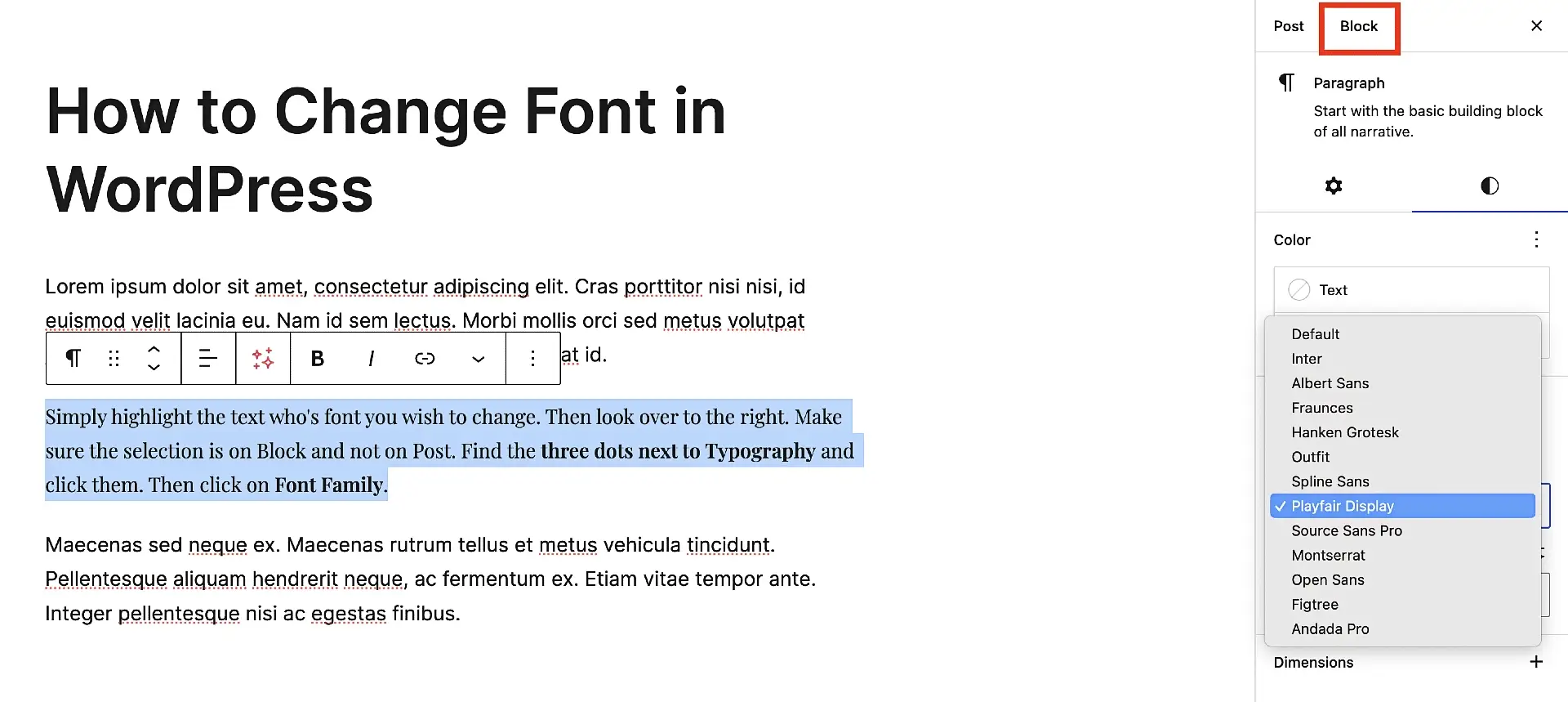 Showing how to change fonts locally in the block editor.