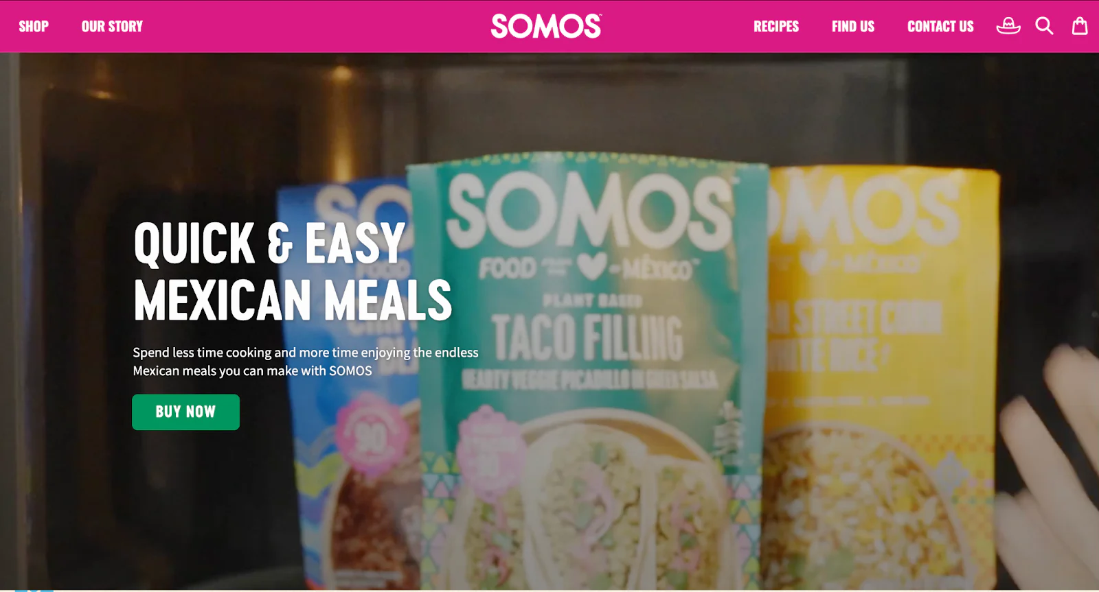 SOMOS’ website shows its ready-to-heat Mexican meals with vibrant packaging photography.