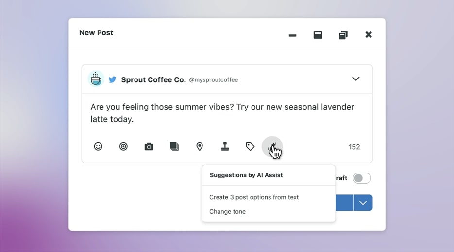 Preview of Suggestions by AI Assist in Sprout Social. A new post draft shows several options from Suggestions by AI Assist.