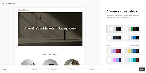 A screenshot of squarespace AI website builder  it has a preview of a website with color palette options on the right hand side of the screen  