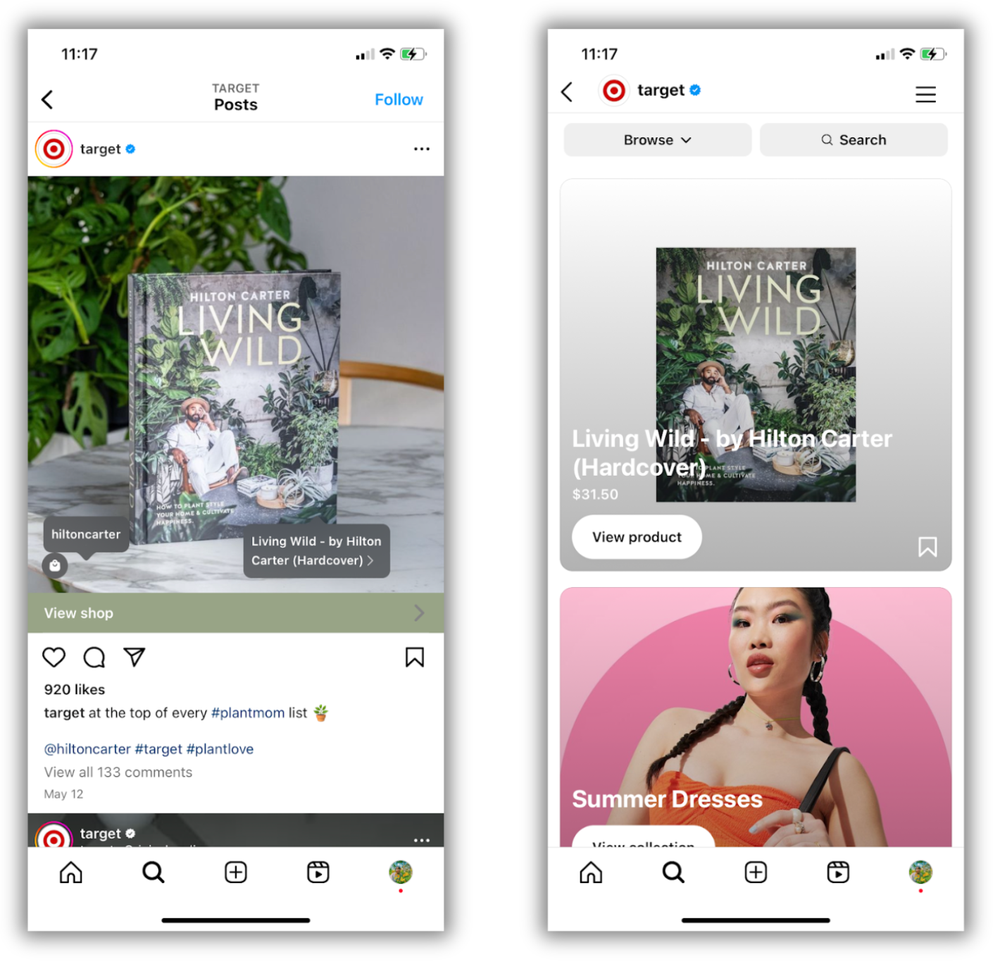 Instagram post from Target with a product tag for a book titled "Living Wild" and a product detail page on the next screen.