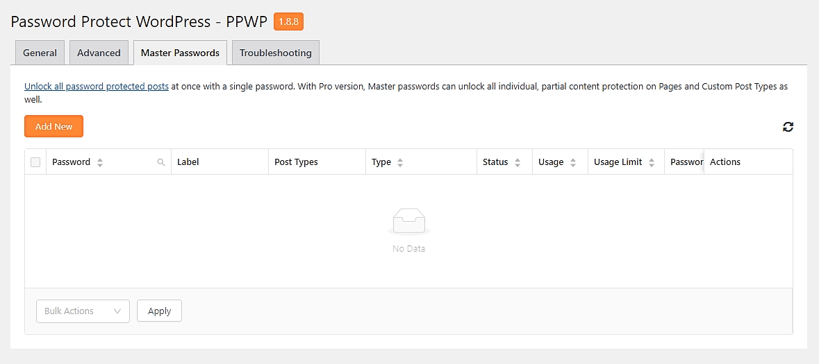 The master password screen inside the Password Protect WordPress dashboard.