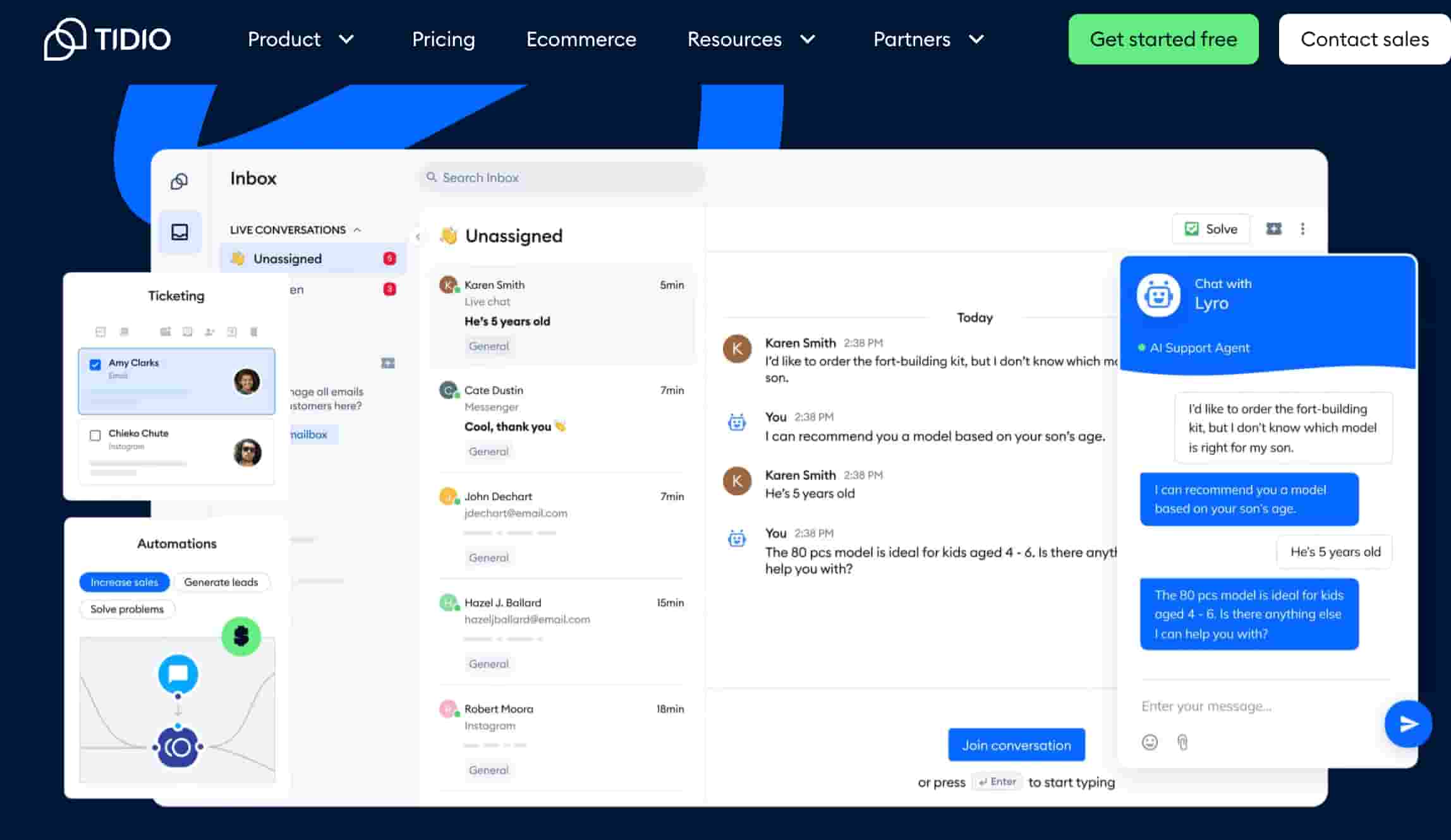 Tidio's homepage showing a product preview, website menu, a trial button and a contact button.