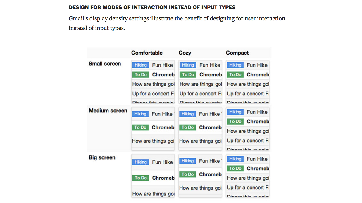 Table showing comfortable, cozy and compact text designs on different screen sizes