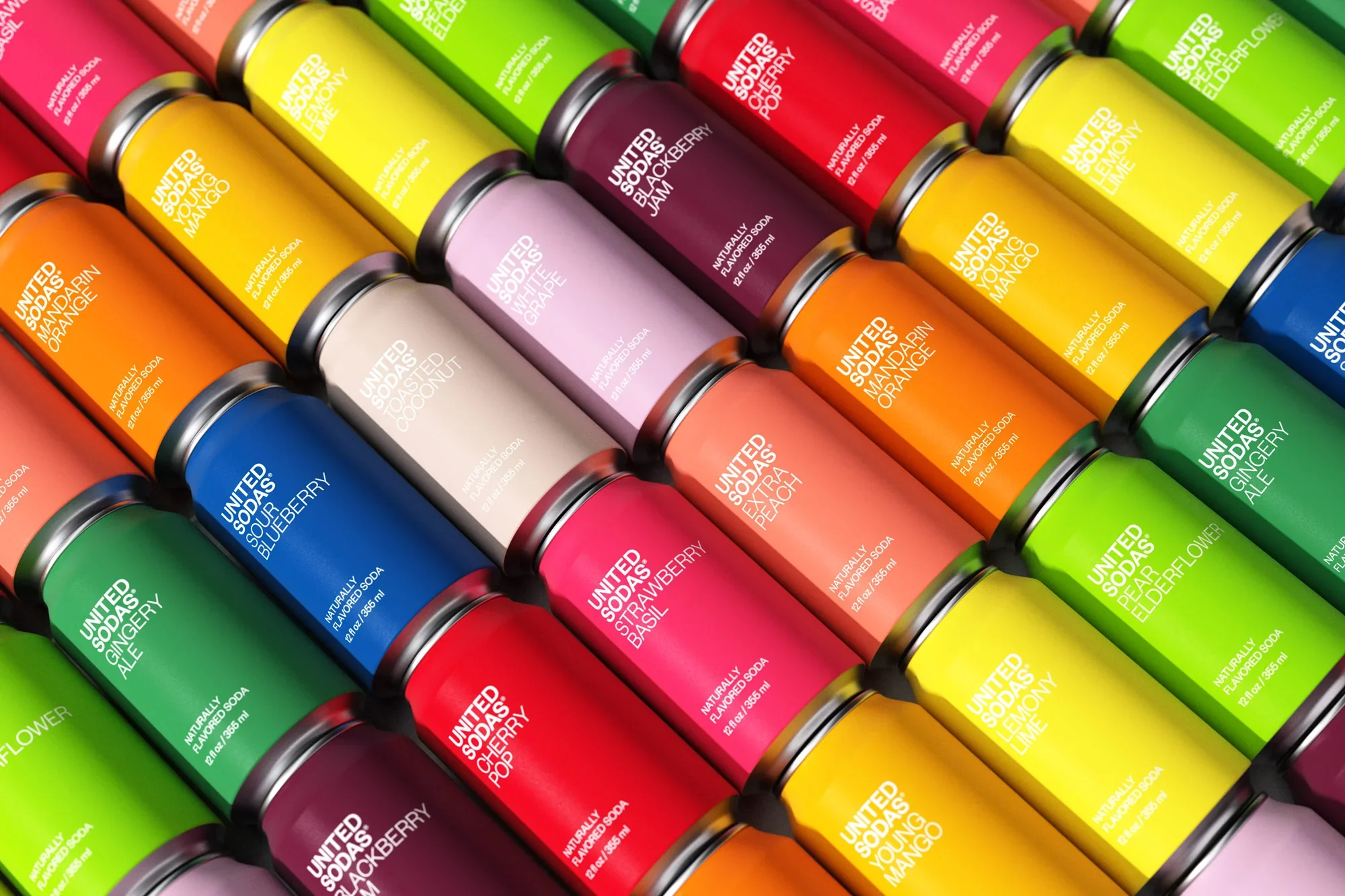 Rows and rows of colorful United Sodas of America cans