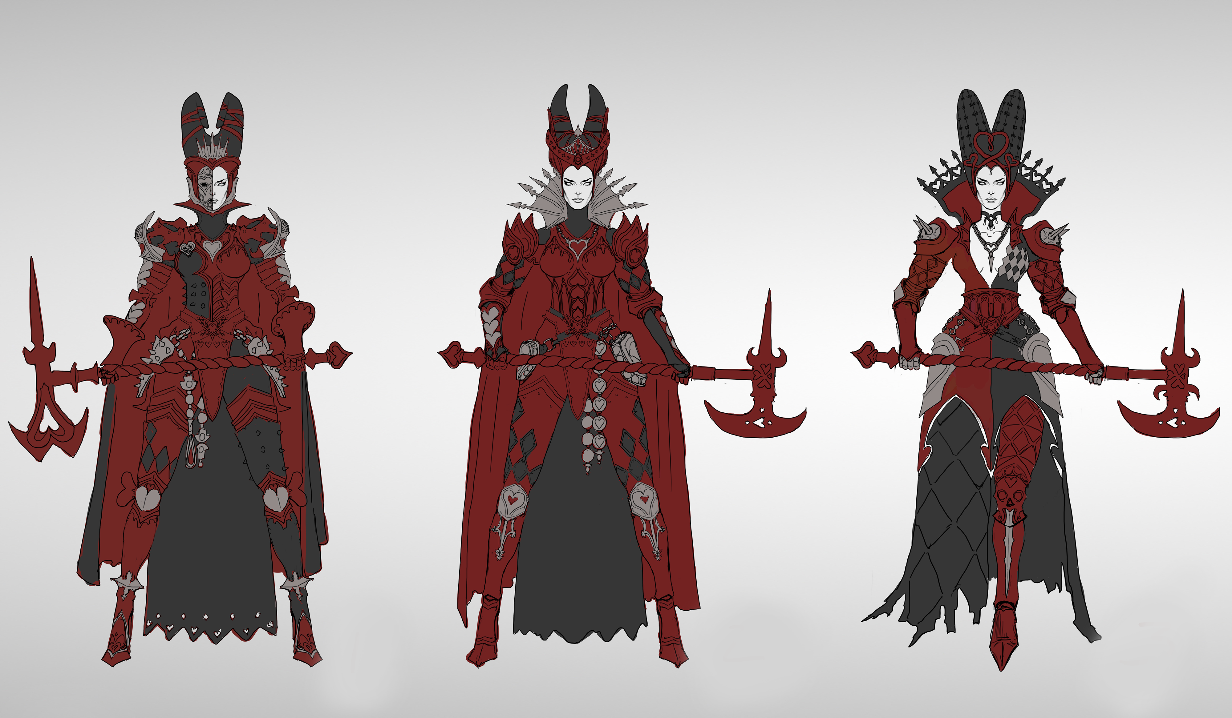 Video game character design tips; a red queen character design holding a large axe
