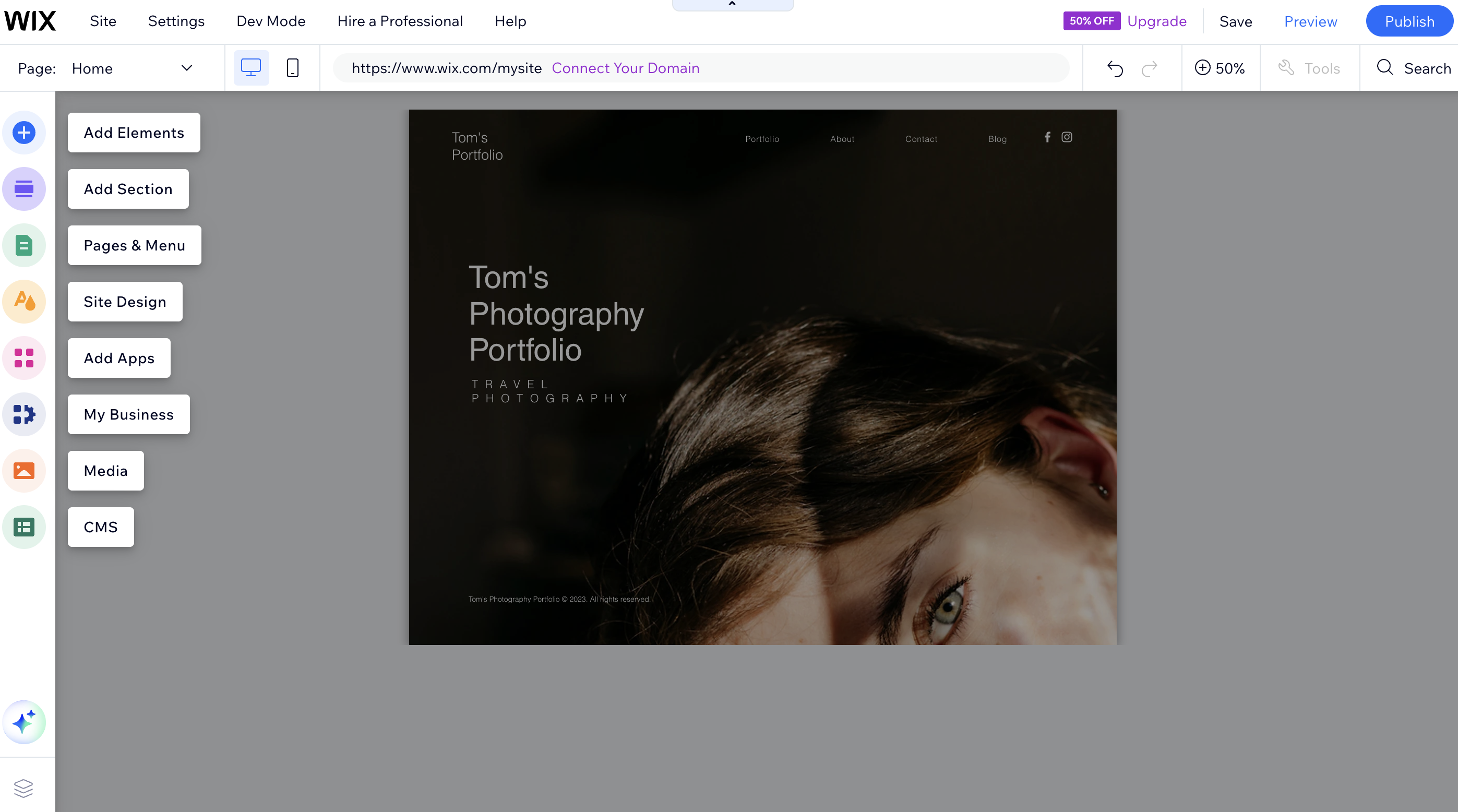Screengrab showing Wix template appearing in the design interface