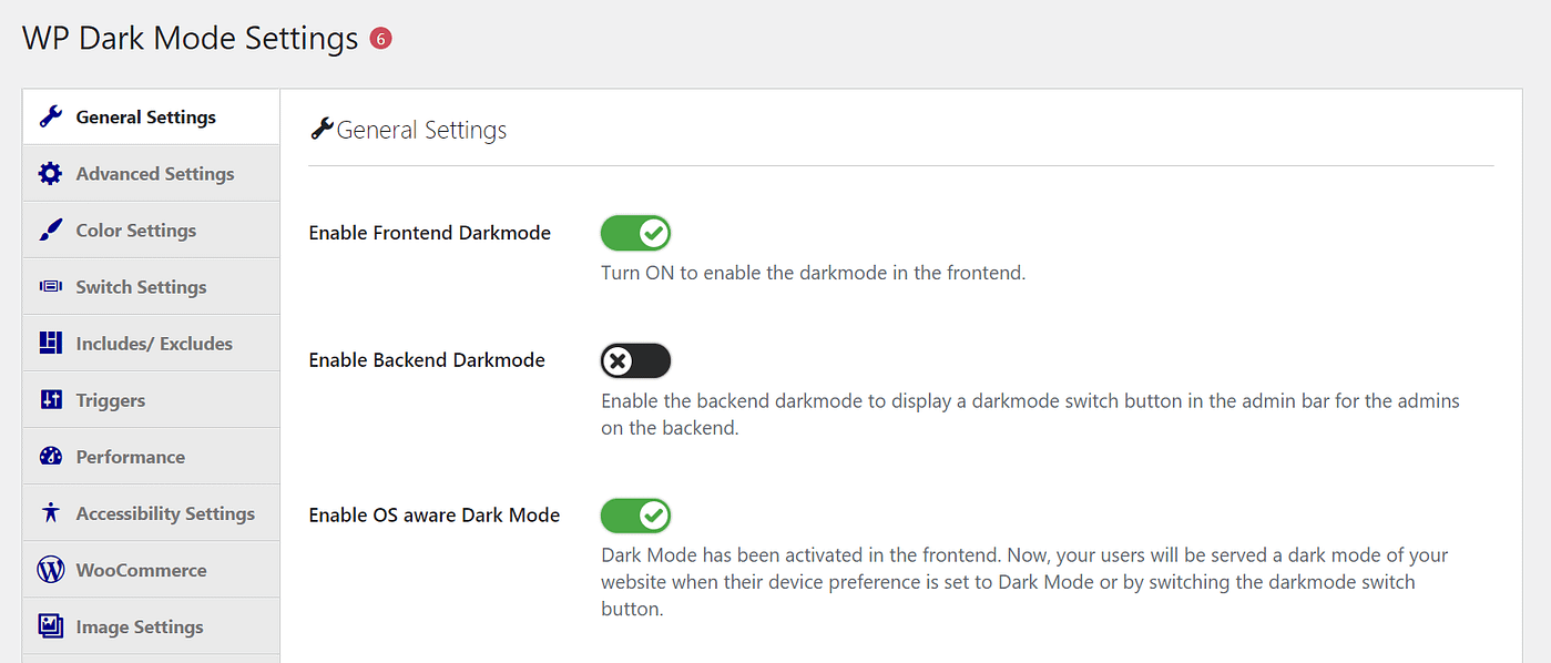The general settings for the WP Dark Mode plugin.