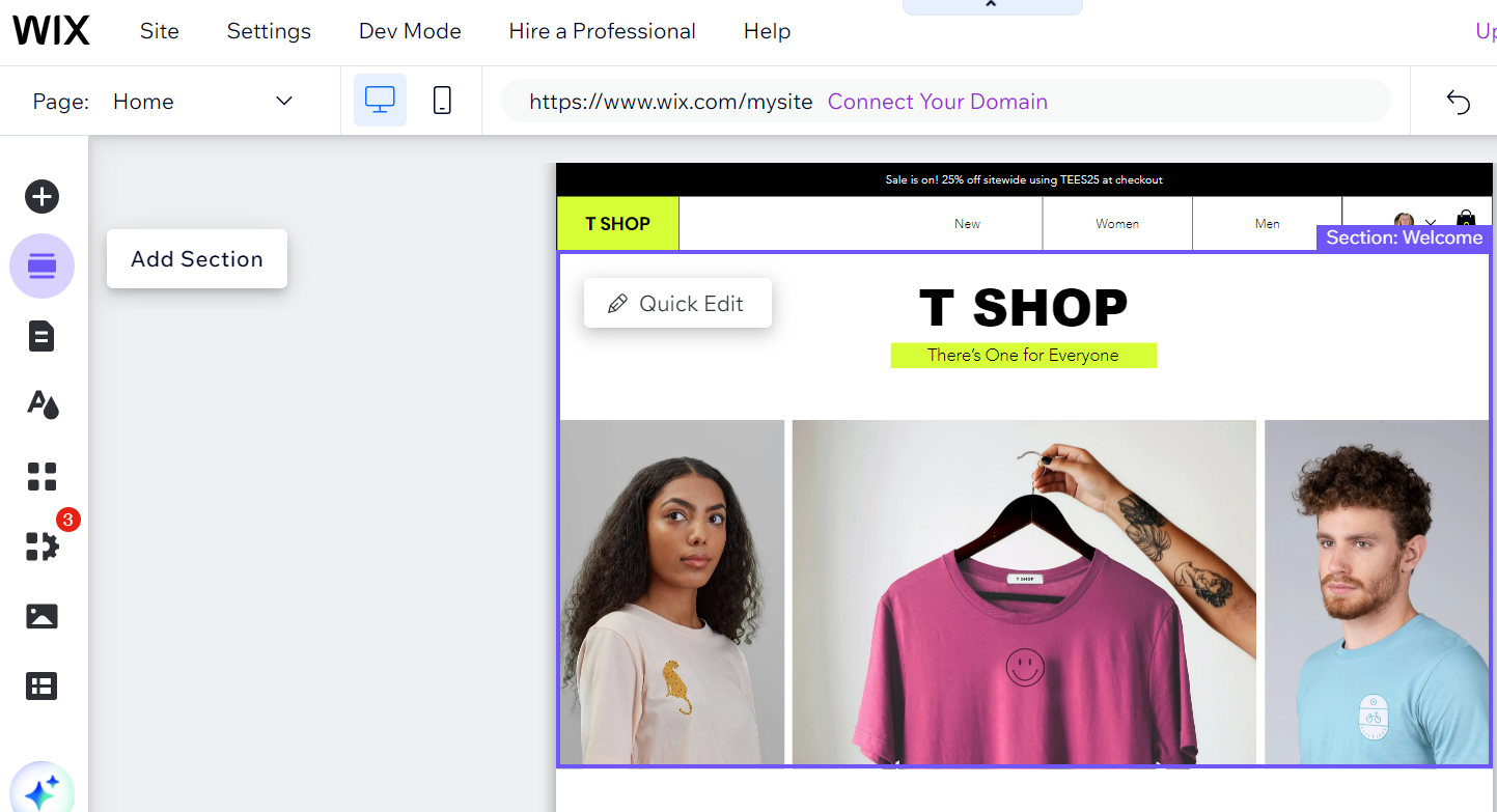 Wix's website editor for a t-shirt store, with the option to add a new section highlighted in the left sidebar