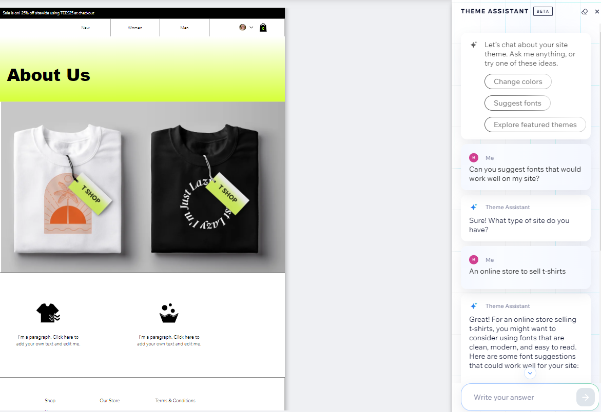 Wix's AI theme assistant offering suggestions on font type in the website editor
