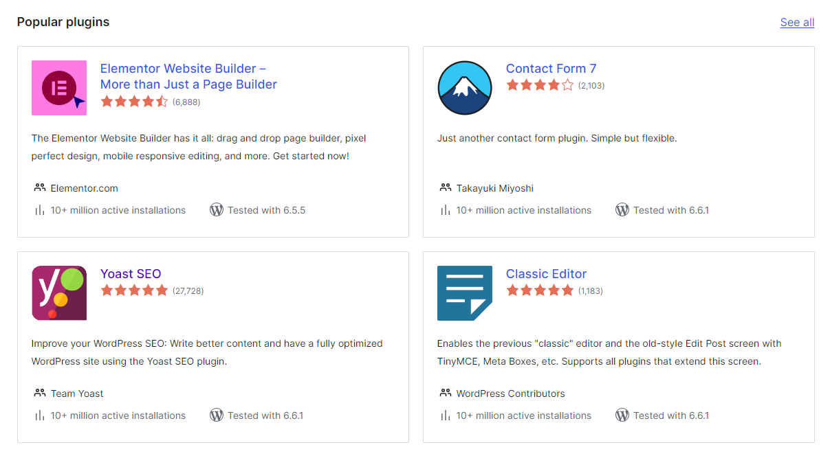 Four plugins in WordPress' plugin library, displayed under a "Popular plugins" category