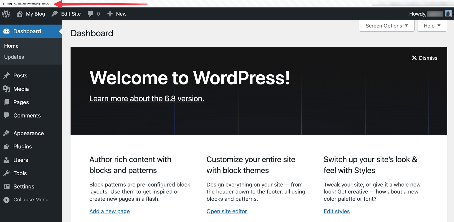 WordPress dashboard