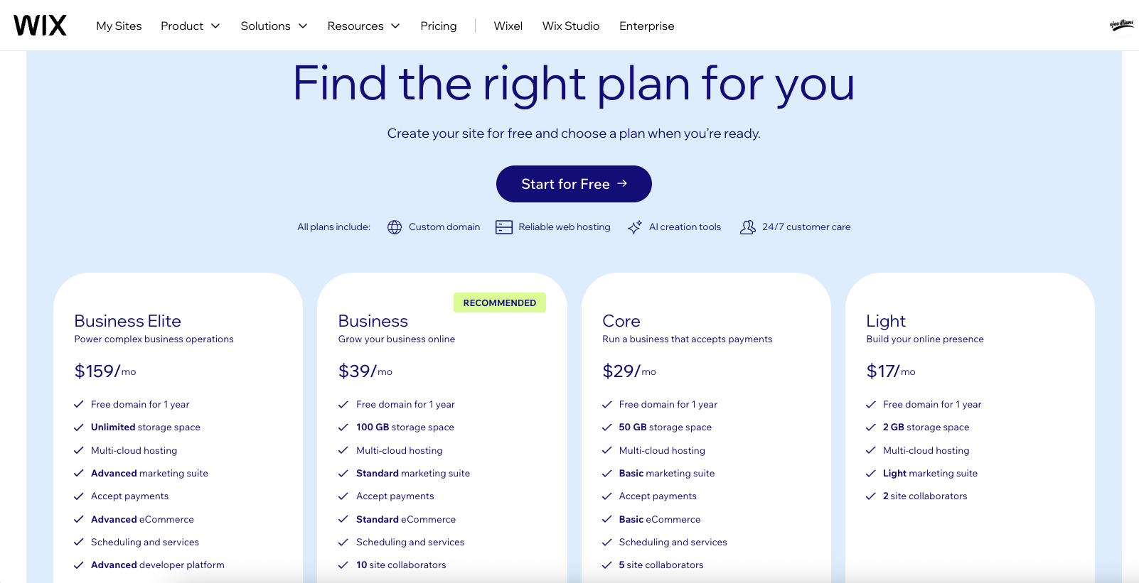 A screenshot of the Wix pricing options. It gives 4 options in white boxes with a light blue background